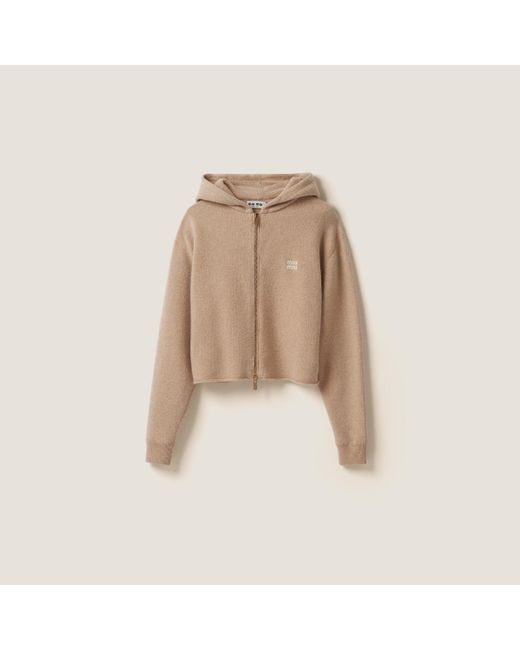 Miu Miu Wool And Cashmere Hoodie Jacket in Natural | Lyst
