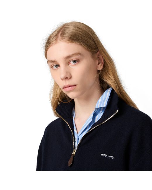 Miu Miu Blue Cashmere And Leather Zipper Sweater