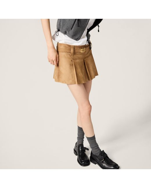 Miu Miu Pleated Suede Skirt in Natural | Lyst