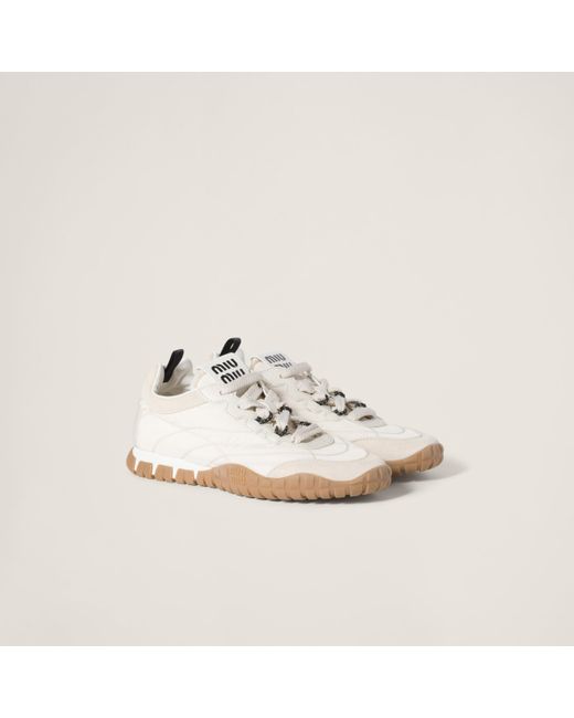 Miu Miu White Tyre Technical Fabric And Suede Sneakers