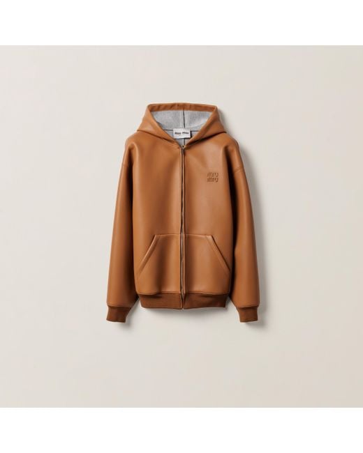 Miu Miu Brown Nappa Leather And Bonded Jersey Hoodie Jacket