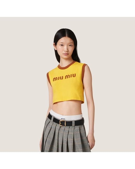 Miu Miu Yellow Cotton Jersey Top With Embroidered Logo