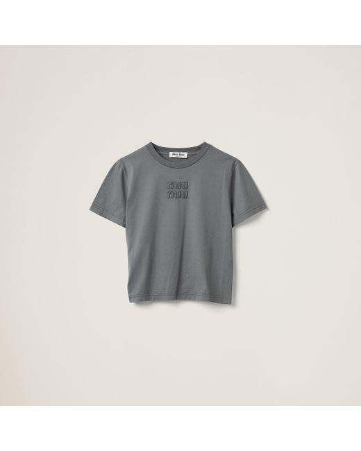 Miu Miu Gray Garment-dyed Jersey T-shirt With Embroidered Logo