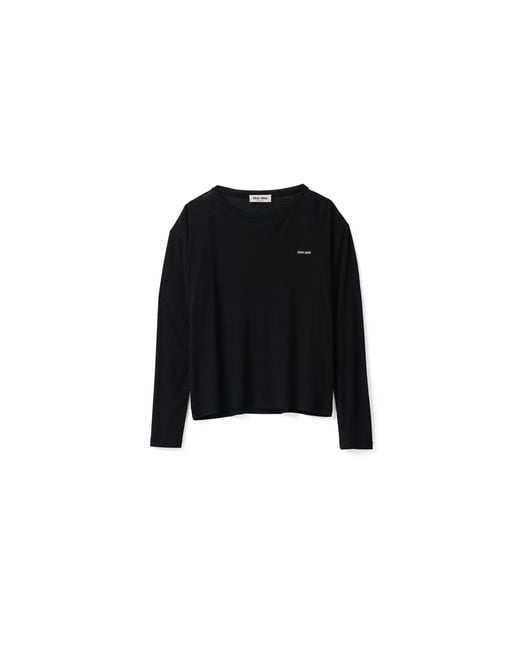 Miu Miu Black Long-Sleeved Ribbed Jersey T-Shirt