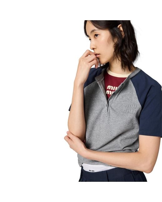 Miu Miu Blue Cotton Jersey Henley Shirt