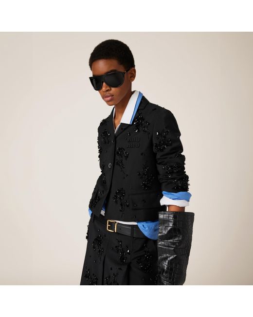 MiuMiu Kid Mohair Zipper Blouson Jacket ブルゾン 光沢 ロゴ Miu Miu Embroidered Single-Breasted Kid Mohair Jacket in