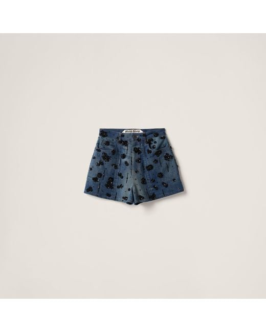 Miu Miu Blue Embellished Denim Shorts