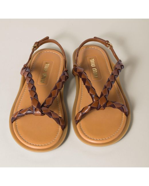 サンダル・ミュール MIU MIIU 5X409E_2CSP_F03S9 BRAIDED LEATHER SANDALS Miu Miu Braided Leather Strap Sandals Cognac 5X409E