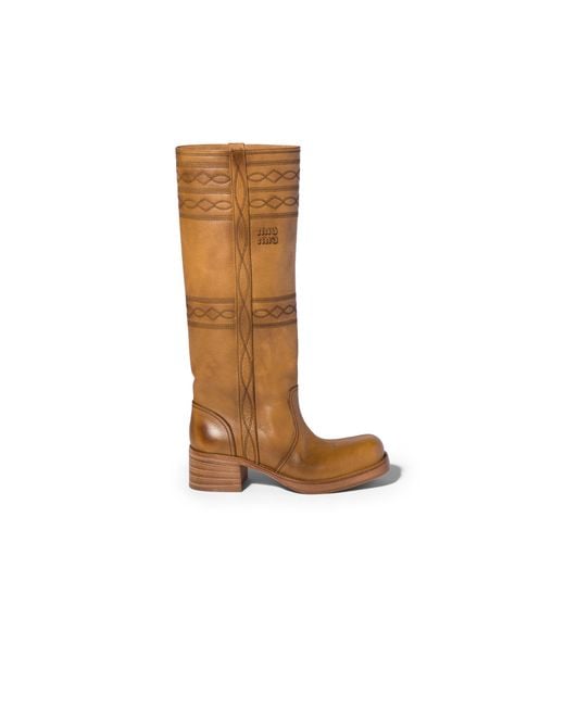 Miu Miu Brown Embroidered Leather Boots