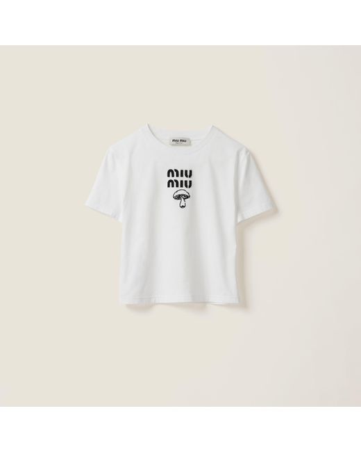 Miu Miu White Embroidered Cotton T-shirt