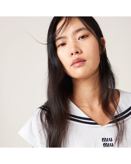 Miu Miu White Cotton Jersey Top With Embroidered Logo