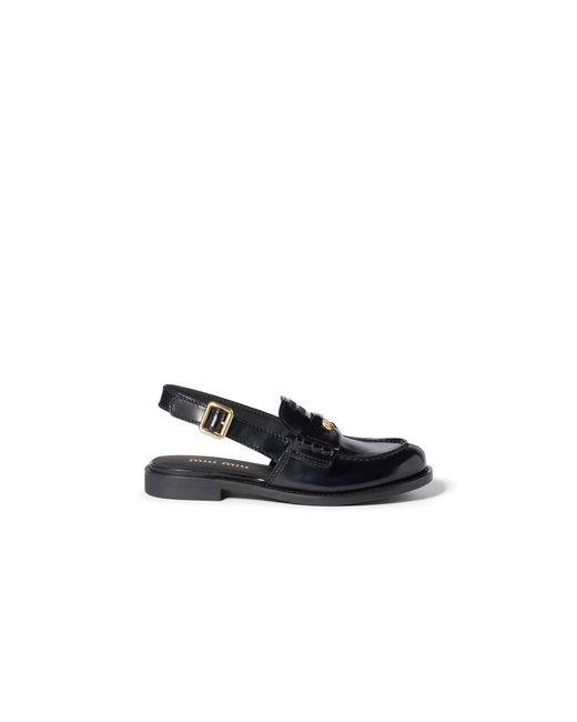 Miu Miu Black Brushed Leather Slingback Loafers