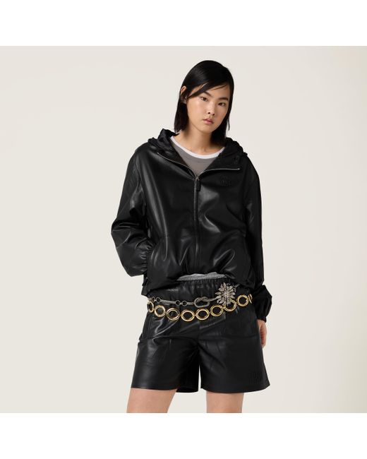 Miu Miu Black Nappa Leather Hoodie Jacket
