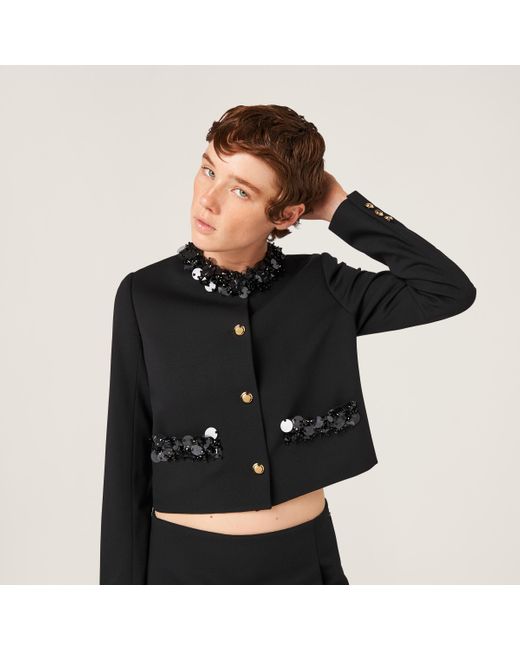 Miu Miu Black Embroidered Single-breasted Grain De Poudre Jacket