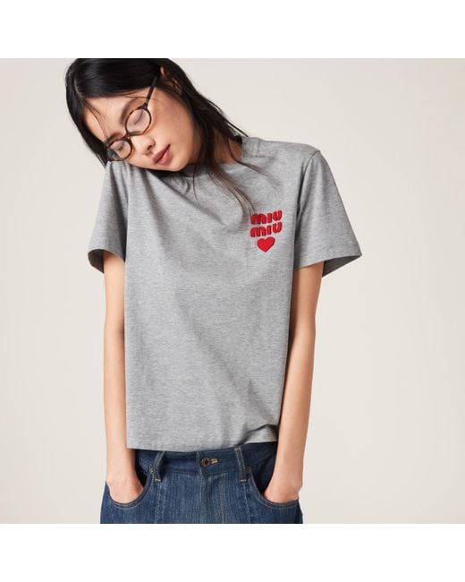 Miu Miu Gray Cotton Jersey T-Shirt