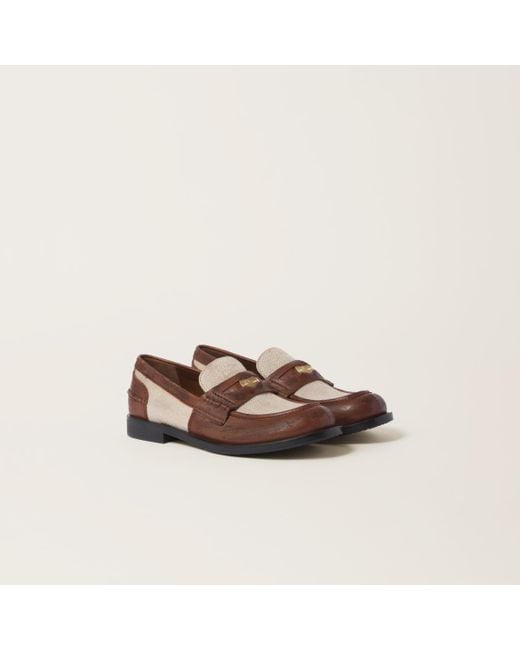 Miu Miu Brown Leather And Linen Loafers