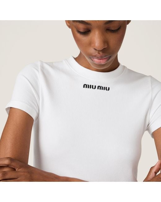 miu miutシャツ Miu Miu Logo-embroidered Cotton T-shirt In F0009 Bianco