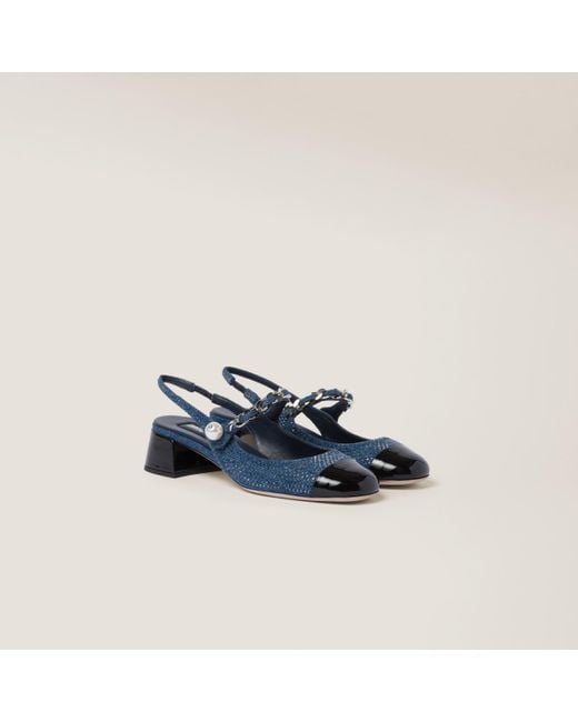 Miu Miu Blue Denim And Patent Leather Slingback Pumps With Artificial Crystals