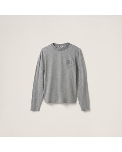 Miu Miu Gray Cotton T-shirt With Embroidered Logo