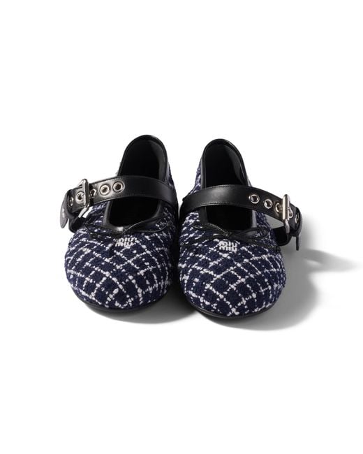 Miu Miu Blue Tweed Check Ballerinas