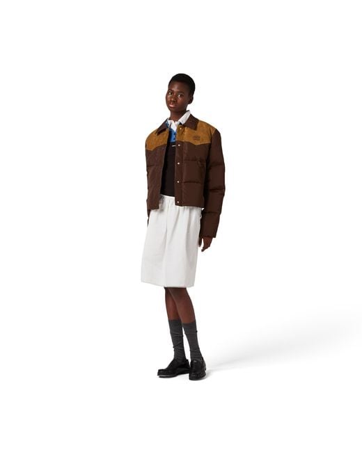 Miu Miu Brown Technical Pongé And Leather Down Jacket