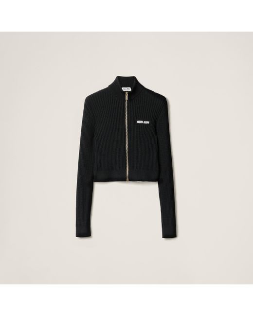 Miu Miu Ribbed Wool Zip-Up Cardigan in Black | Lyst