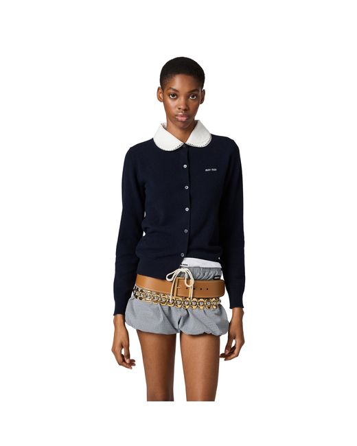 Miu Miu Blue Cashmere Cardigan With Embroidered Poplin Collar