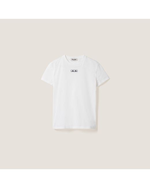 Miu Miu White Embroidered Cotton Jersey T-Shirt