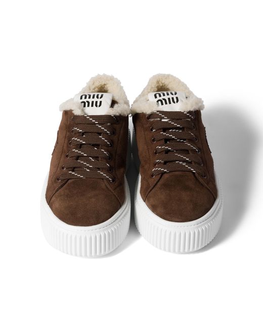 Miu Miu Brown Suede And Shearling Sneakers