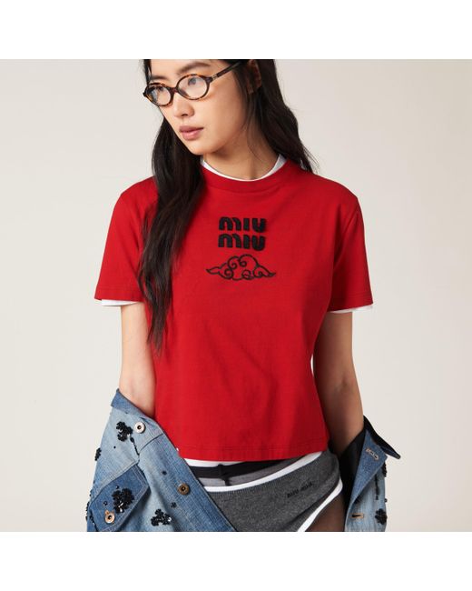 Miu Miu Embroidered Cotton T-shirt