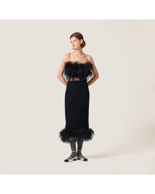 Miu Miu Black Stretch Cady Skirt With Feathers