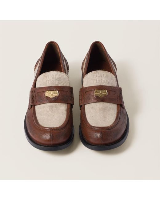 Miu Miu Brown Women Leather Linen Loafers