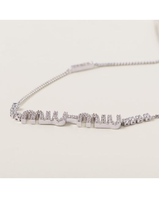 Miu Miu White Metal Necklace With Crystals