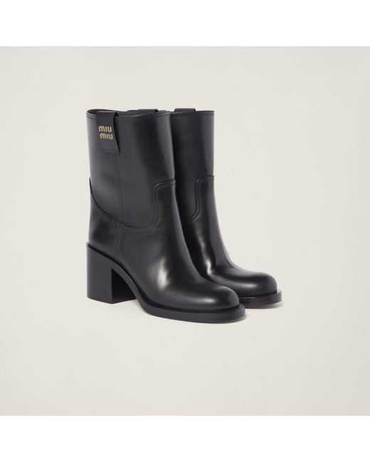 Miu Miu Black Logo Leather Ankle Boots