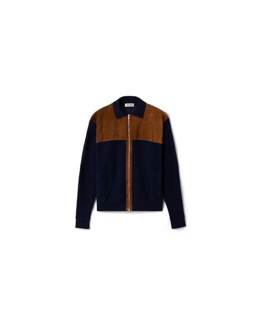 Miu Miu Blue Cotton Crochet And Suede Cardigan