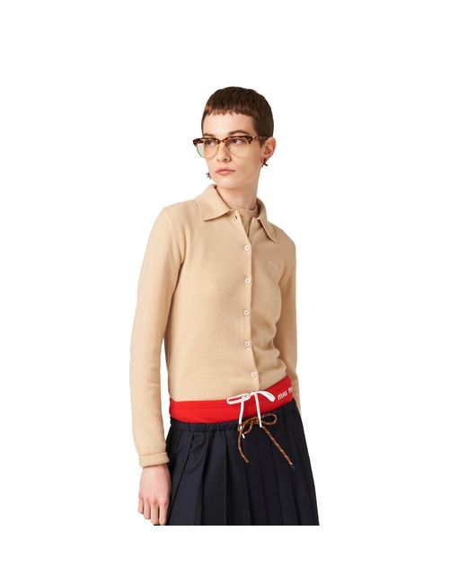 Miu Miu Natural Intarsia-Knit Logo Cardigan