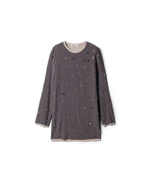 Miu Miu Gray Embroidered Stretch Georgette Dress