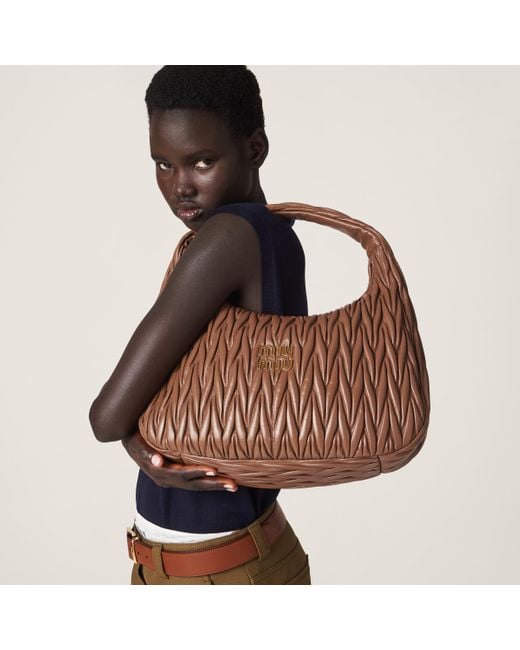 Miu Miu Wander Matelassé Nappa Leather Hobo Bag in Brown