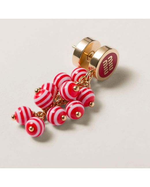 Miu Miu Red Metal Earrings With Synthetic Pearls
