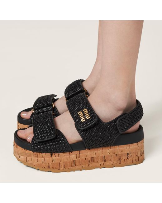 Miu Miu Black Raffia-Effect Woven Fabric Wedge Sandals
