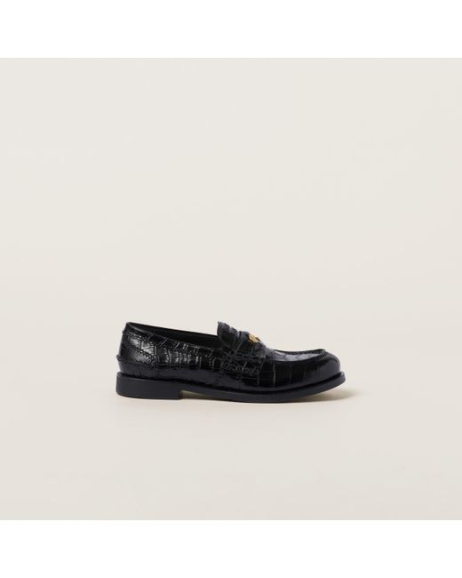 Miu Miu Black Croco-print Leather Penny Loafers