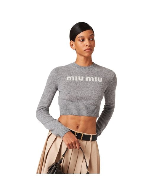 Miu Miu Gray Cashmere Logo Sweater