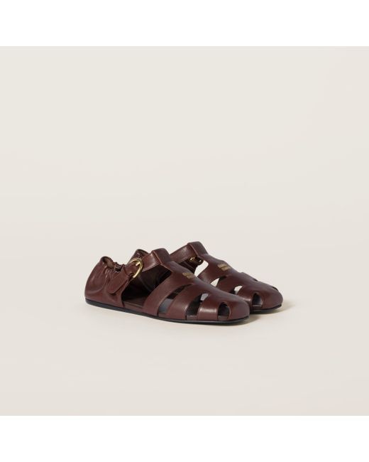 MIUMIU 26S RUCHES FISHERMAN SANDALS IN BROWN SUEDE GOLD HARDWARE
