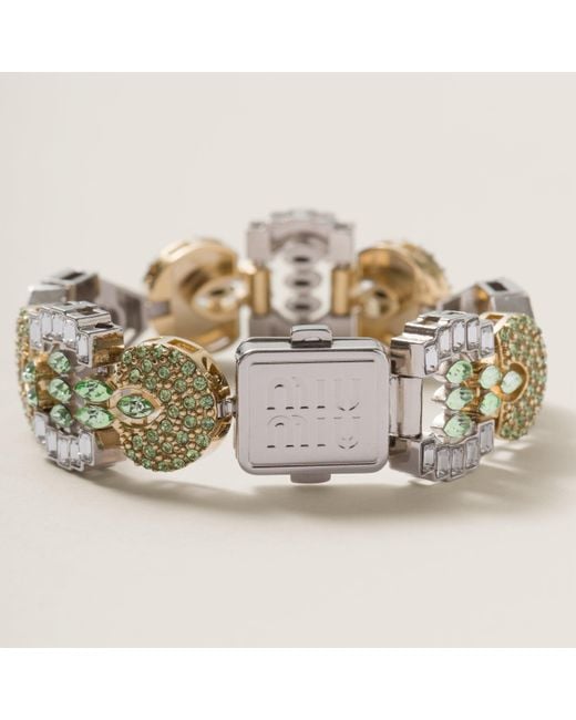 Miu Miu Metallic Metal Bracelet With Crystals