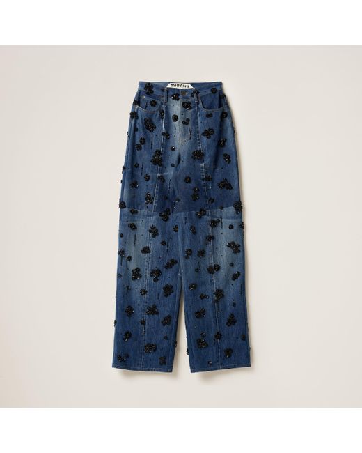 Miu Miu Blue Embellished Five-pocket Denim Jeans