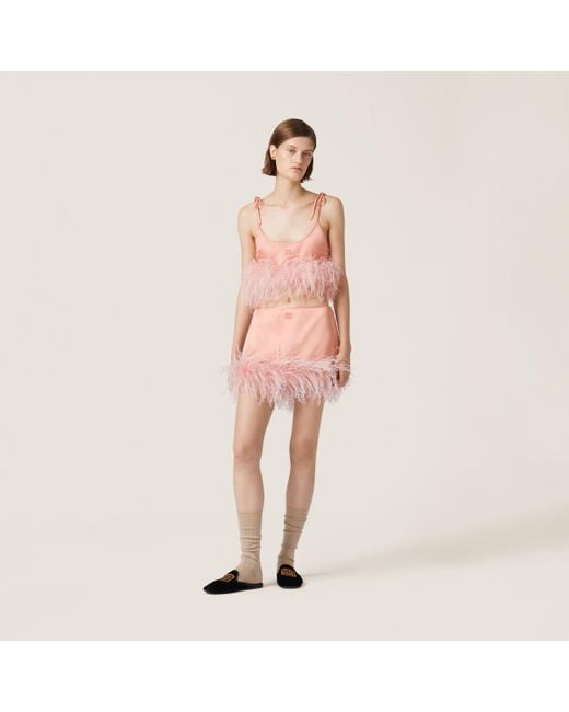 Miu Miu Pink Feather-Trimmed Satin Miniskirt