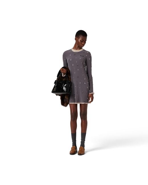 Miu Miu Gray Embroidered Stretch Georgette Dress