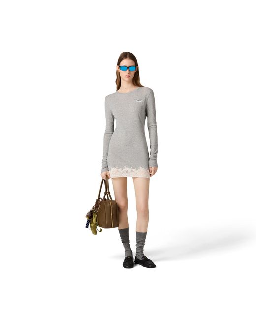 Miu Miu Gray Ribbed Jersey And Lace Dress