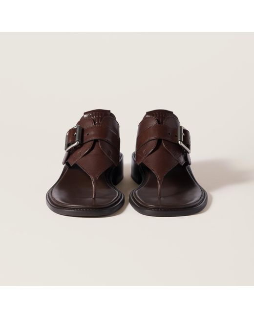 Miu Miu Brown Leather Thong Sandals With Buckle