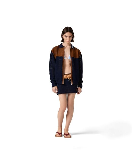 Miu Miu Blue Cotton Crochet And Suede Miniskirt